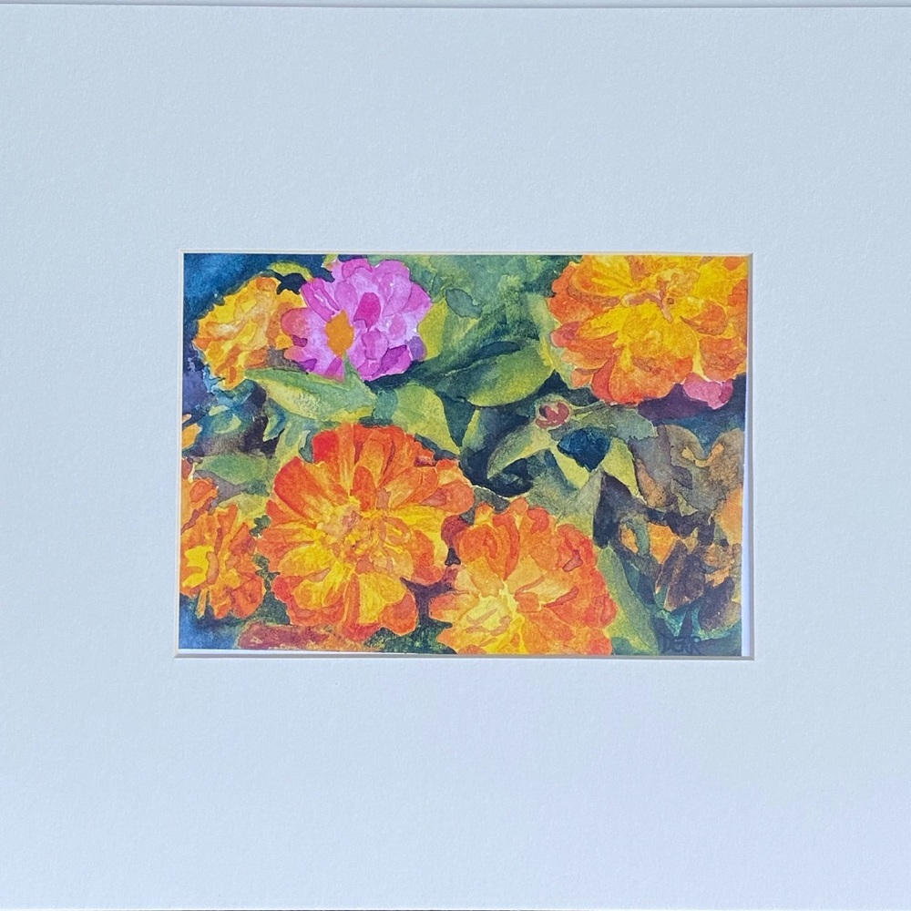 Watercolor Matted Art Print Titled “Zinnias”
